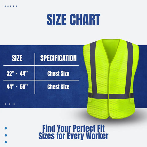 Size chart for High Visibility Reflective Safety Vest For Men And Women ANSI ISEA Class 2 Neon Yellow Mesh Vest