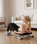 Young woman using Badass Ski Balance Trainer For Home Gyms With Digital Lcd Panel Heavy Duty Curved Machine in living room.