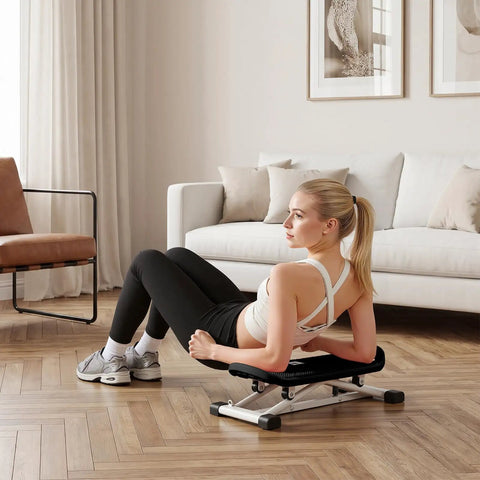 Young woman using Badass Ski Balance Trainer For Home Gyms With Digital Lcd Panel Heavy Duty Curved Machine in living room.