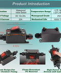 Beefy IP67 Waterproof Inline Switch For 12V DC Systems With Red LED Rocker Button, Outdoor On Off Toggle, 12-24V, 20A, Two Side Entry And Exit Wires, Weatherproof For Marine Auto And All Weather Use, with dimensions shown