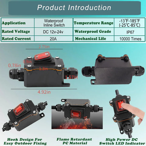 Beefy IP67 Waterproof Inline Switch For 12V DC Systems With Red LED Rocker Button, Outdoor On Off Toggle, 12-24V, 20A, Two Side Entry And Exit Wires, Weatherproof For Marine Auto And All Weather Use, with dimensions shown