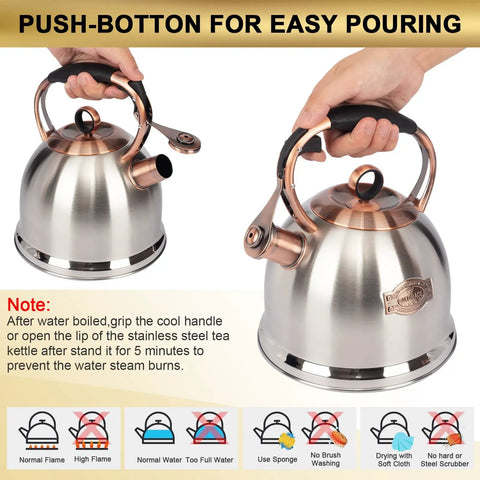 Stainless Steel Whistling Tea Kettle For Stovetop, Food Grade Build With A Thick 5 Layer Bottom For Even Heating, Heats Water Fast To Boil