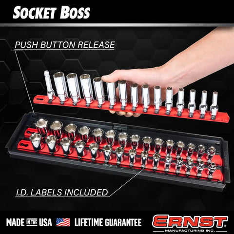 Hand holding Socket Boss Multi Drive Organizer Tray with 13 Inch Rails, blue, for automotive techs. Made in USA.