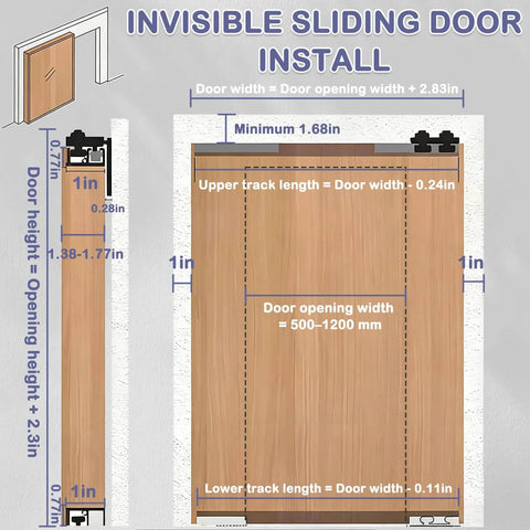 Concealed Sliding Door Kit With Soft Close For Barn Doors, Heavy Duty Ghost Track System, Invisible Sliding Hardware For Wood Or Aluminum Frames, Smooth Quiet Operation, No Slam, 61 Inch Length installation diagram