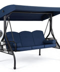 Three Seat Outdoor Porch Swing With Adjustable Canopy And 2 In 1 Convertible Bed For Backyard Blue With Cup Holder And Pillow