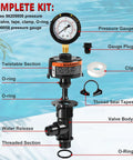 Front view of manual air relief valve assembly with pool filter pressure gauge, O-rings, tape, and clamps