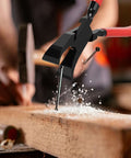 Close-up of two pack sheet metal hand seamer with anti slip handle and metal bender pliers in use on wood, for fast 45 degree bends.