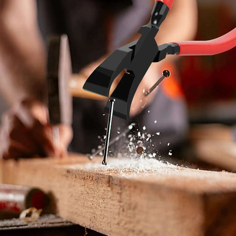 Close-up of two pack sheet metal hand seamer with anti slip handle and metal bender pliers in use on wood, for fast 45 degree bends.