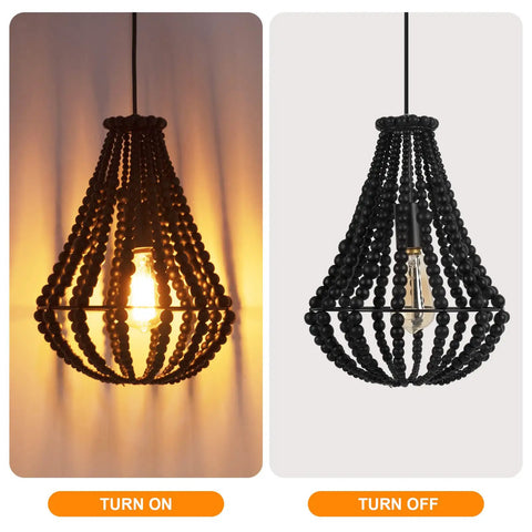 Dope Boho Wood Bead Chandelier Pendant Light 1 Light Black Farmhouse Ceiling Fixture 16.5 Inch Hanging Light on and off display