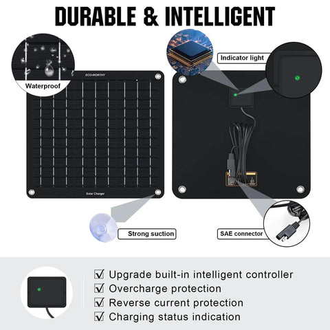 10W Solar Car Battery Charger Maintainer 12V Waterproof Portable Trickle Charger with suction cups and connectors