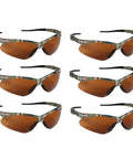 Heavy Duty Sports Safety Glasses Featuring Fresh Camo Frames And Bronze Tint Lenses For Top Shelf Job Site Protection And Hella Comfy Six Pair Value Pack With Solid Impact Resistance.