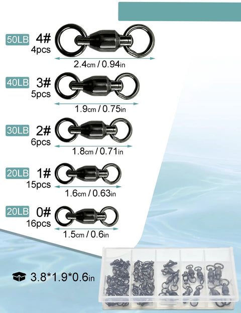 Ball Bearing Swivel Set 46 Piece Black Nickel Finish Barrel Swivels For Trolling And Freshwater Fishing Ultra Smooth 360 Degree Rotation Stainless Steel Bearings Reduces Line Twist And Improves Hookups, assorted sizes in organizer