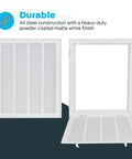 16 x 20 Inch Return Air Vent Cover For Wall Or Ceiling With Hinged Panel Solid Steel Grille Built To Last HVAC Vent Cover For Duct Opening White Finish Dual Latches Modern Look shown closed and open displaying durable construction.
