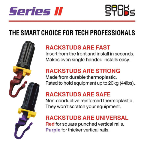 80 Pack Front Install Rack Mount Studs Set With 40 Red 2.2 mm And 40 Purple 3.2 mm Pieces For 19 Inch Racks With Square Punched Rails Cage Nut Free Quick Mount Solution series details