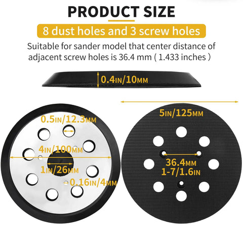 2 Pack 5 Inch 8 Hole Hook and Loop Orbital Sander Pad Replacement For DeWalt Random Orbital Sanders DW420 DW421 with 3 Screw