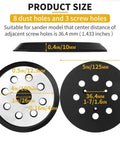 4 Pack 5 Inch Hook And Loop Orbital Sander Pad With 8 Dust Holes And 3 Screw Holes Center 1 Inch Compatible With DeWalt Sander Models DW420 DW421 DW422 DW423 DW426 D26451 DW4388 Replacement Pad showing product size and dimensions.