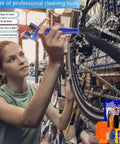 Person using 7 Piece Bike Cleaning Brush Kit For Chain And Frame All In One Bicycle Cleaning Set on bike wheel in a garage
