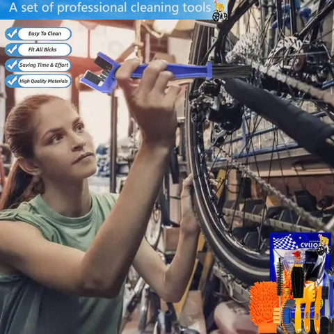 Person using 7 Piece Bike Cleaning Brush Kit For Chain And Frame All In One Bicycle Cleaning Set on bike wheel in a garage
