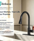IKEBANA Black Kitchen Faucet with Pull Down Sprayer, high arc design and single handle in a modern kitchen setting.