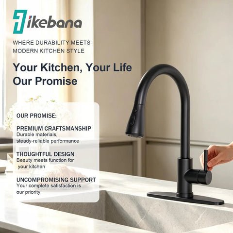 IKEBANA Black Kitchen Faucet with Pull Down Sprayer, high arc design and single handle in a modern kitchen setting.