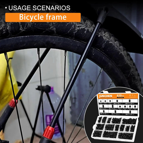 Bicycle frame with Must Have Black Nylon Spacers Kit With 820 Pieces And 14 Size Assortment for installation use shown.