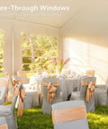 20x40 Foot Party Tent Canopy With Waterproof Top Removable Sidewalls Roll Up Door And Heavy Duty Steel Frame For Outdoor Weddings BBQs Birthday Parties And Camping White; interior view with decorated tables and see-through windows