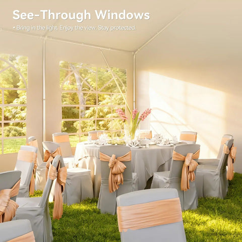 20x40 Foot Party Tent Canopy With Waterproof Top Removable Sidewalls Roll Up Door And Heavy Duty Steel Frame For Outdoor Weddings BBQs Birthday Parties And Camping White; interior view with decorated tables and see-through windows