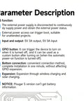 Parameter description for Portable 1200 mAh UPS Battery Module For Raspberry Pi Zero W And WH with settings and functions listed.