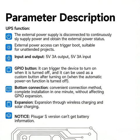 Parameter description for Portable 1200 mAh UPS Battery Module For Raspberry Pi Zero W And WH with settings and functions listed.