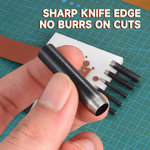 Close-up of a round punch from the 27 Piece Leather Punch Kit With 9 Round Punches And 18 Specialty Punches for precise cuts.