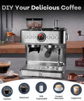 Real Day One Barista Gear Top Shelf Espresso Machine With Built In Grinder And Milk Frother, 20 Bar Pressure, 95 Oz Tank, Semi Automatic Coffee Maker for brewing espresso and cappuccino.