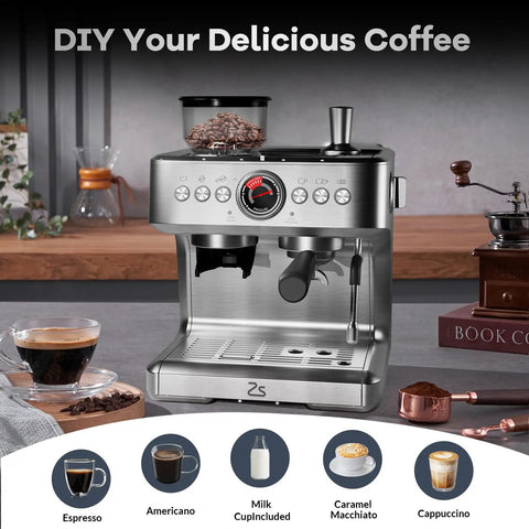 Next Level Semi Automatic Espresso Machine With Built In Grinder, 20 Bar Pump pulls crisp shots with frothing steam wand.