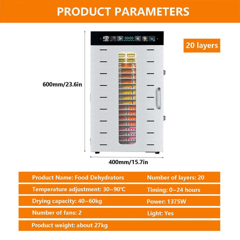 Kickin Out Top Shelf Snacks With This Twenty Tray Electric Food Dehydrator Featuring Smart Heat Controls And Vigorous Airflow For Preserving Harvests And Cranking Out Jerky On Demand, 20-layer stainless steel design.