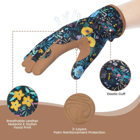 Women's Gardening Gloves With Thorn Proof Puncture Resistant Leather, Breathable Microfiber Back, floral print design
