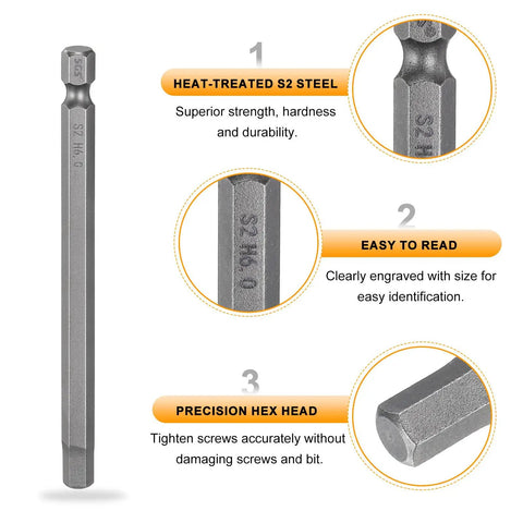 5 Piece H6.0 Hex Head Drill Bit Wrench Set With 6mm Flat Tip, One Quarter Inch Hex Shank, 100mm Long, Magnetic Hex Driver Socket Bits