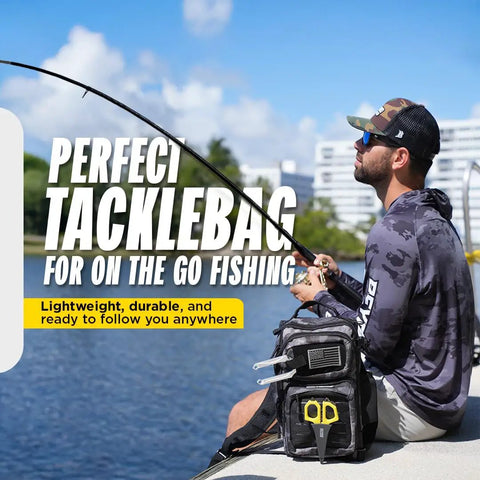 Man fishing with Compact Tackle Backpack For On The Go Fishing The Voyager Black Onyx Lightweight Gear Pack with dual straps.