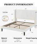 Top Notch Full Size Bed Frame With White Velvet Upholstery And Tufted Wingback Headboard Heavy Duty Steel Rails Solid Slats No Box Spring Needed Clean Bedroom Flex dimensions and specifications diagram.