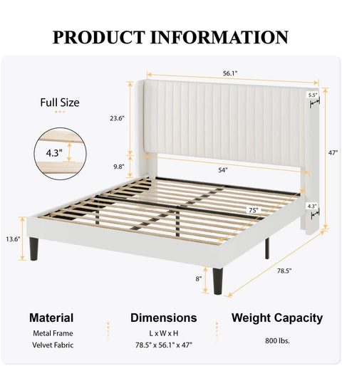 Top Notch Full Size Bed Frame With White Velvet Upholstery And Tufted Wingback Headboard Heavy Duty Steel Rails Solid Slats No Box Spring Needed Clean Bedroom Flex dimensions and specifications diagram.