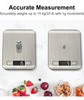 No Fuss Digital Kitchen Scale With 33 Pound Capacity 1 Gram Precision Stainless Steel Surface shown in use