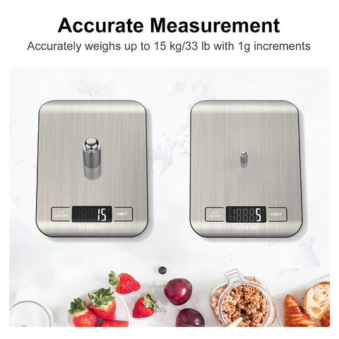 No Fuss Digital Kitchen Scale With 33 Pound Capacity 1 Gram Precision Stainless Steel Surface shown in use