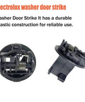 Washer lid lock latch components, black plastic with metal springs, 2-pack, front and side views