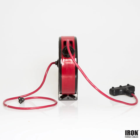 Red and black side view of 30 Foot Retractable Extension Cord Reel with Breaker Switch and Three Outlets 16 3 SJTW Yellow Cable.