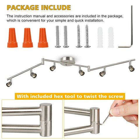 Package contents of Six-Head LED Track Lighting Kit In Brushed Nickel With Adjustable Foldable Arms GU10 Base Ceiling Spotlights