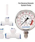 MEASUREMAN lead-free glycerin-filled reverse osmosis pressure gauge, 2-1/2 inch dial, 0–220 psi, with PU tube connection and white fittings