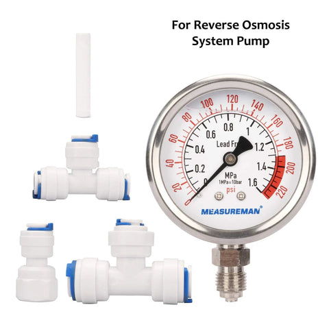 MEASUREMAN lead-free glycerin-filled reverse osmosis pressure gauge, 2-1/2 inch dial, 0–220 psi, with PU tube connection and white fittings