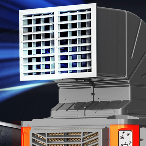 Heavy Duty Commercial Portable Evaporative Swamp Cooler With Beast Mode Cooling Power For Warehouses Workshops And Patios Mobile Water Mist Fan showcasing the cooling grille and mechanical dial.