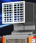 Close-up of Portable Evaporative Air Cooler And Mobile Water Swamp Fan Built For Indoor Outdoor Use with cooling grille.