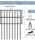 25 Pack No Dig Garden Animal Barrier Fence Kit 17 Inch High By 27 Ft Long Rustproof Metal Border With 1.5 Inch Spike Spacing Keeps Dogs From Digging Rabbits Out And Bottom Gaps Blocked For Outdoor Yards And Patios, single panel shown with gloves, pliers, and zip ties