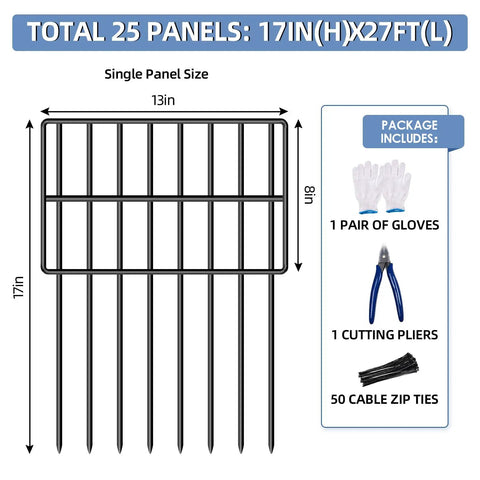 25 Pack No Dig Garden Animal Barrier Fence Kit 17 Inch High By 27 Ft Long Rustproof Metal Border With 1.5 Inch Spike Spacing Keeps Dogs From Digging Rabbits Out And Bottom Gaps Blocked For Outdoor Yards And Patios, single panel shown with gloves, pliers, and zip ties