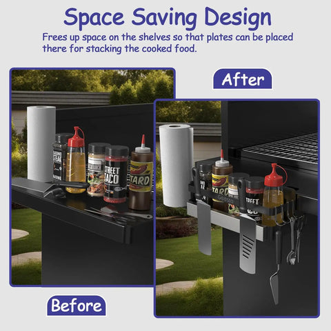 Upgraded Griddle Caddy For Blackstone 28 And 36 Inch Griddles And Weber Grills showing space-saving before and after setup.